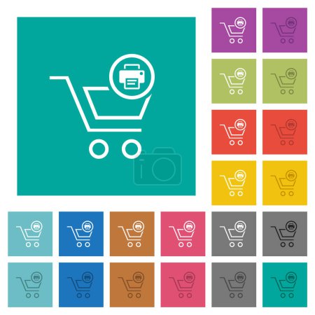 Cart print outline multi colored flat icons on plain square backgrounds. Included white and darker icon variations for hover or active effects.