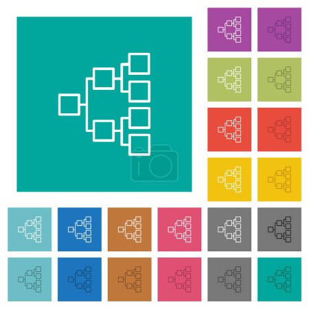 Organizational chart right outline multi colored flat icons on plain square backgrounds. Included white and darker icon variations for hover or active effects.
