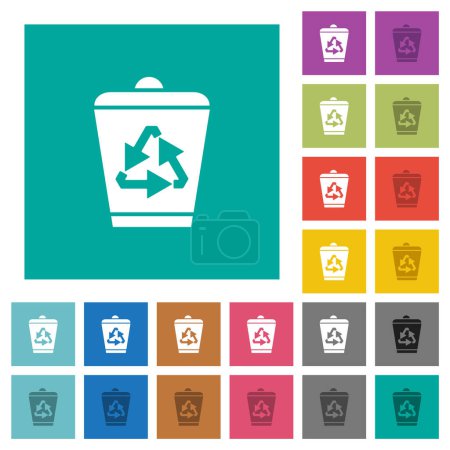 Recycle bin multi colored flat icons on plain square backgrounds. Included white and darker icon variations for hover or active effects.