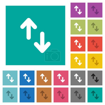 Data transfer solid multi colored flat icons on plain square backgrounds. Included white and darker icon variations for hover or active effects.