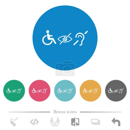 Symboles de handicap icônes blanches plates sur des fonds ronds de couleur. 6 icônes bonus incluses.
