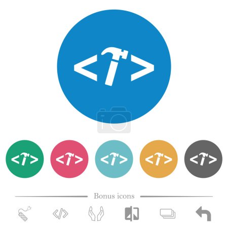 Web development with hammer flat white icons on round color backgrounds. 6 bonus icons included.