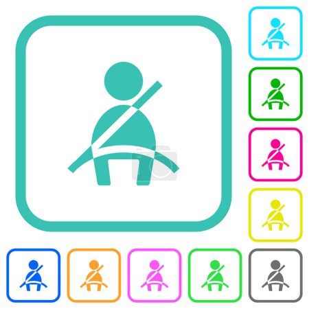 Car seat belt warning indicator vivid colored flat icons in curved borders on white background