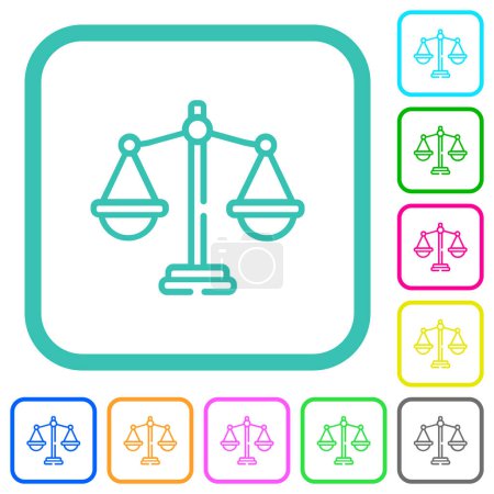 Téléchargez les illustrations : Échelles de justice contour vif icônes plates de couleur dans les bordures incurvées sur fond blanc - en licence libre de droit