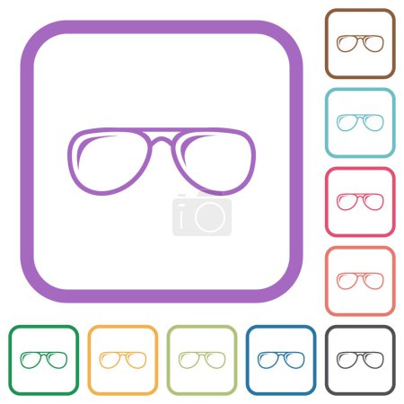 Glasses with glosses outline simple icons in color rounded square frames on white background