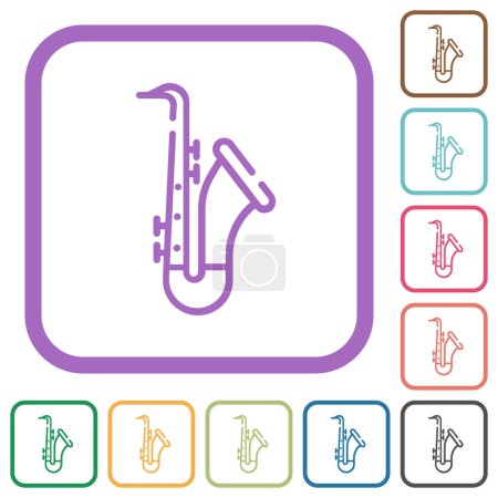Téléchargez les illustrations : Saxophone contour des icônes simples dans des cadres carrés arrondis de couleur sur fond blanc - en licence libre de droit