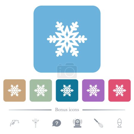Copo de nieve iconos planos blancos sobre fondos cuadrados redondeados de color. 6 iconos de bonificación incluidos