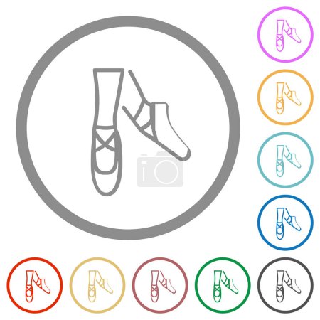 Téléchargez les illustrations : Chaussures de ballet contour des icônes de couleur plate en contours ronds sur fond blanc - en licence libre de droit