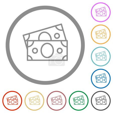Banknotes outline flat color icons in round outlines on white background