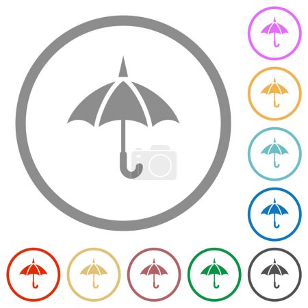 Single umbrella solid flat color icons in round outlines on white background