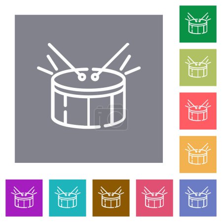 Drum outline flat icons on simple color square backgrounds