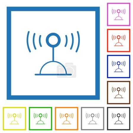 Émetteur radio contour des icônes de couleur plates dans des cadres carrés sur fond blanc