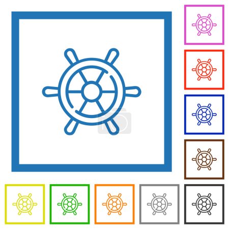 Ship steering wheel outline flat color icons in square frames on white background