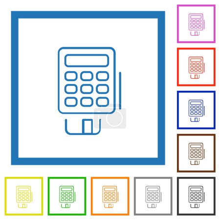 POS terminal outline flat color icons in square frames on white background