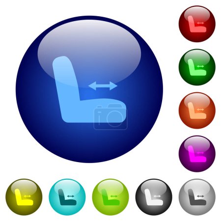 Iconos de ajuste de asiento de coche en botones redondos de vidrio en múltiples colores. Estructura de capas dispuestas