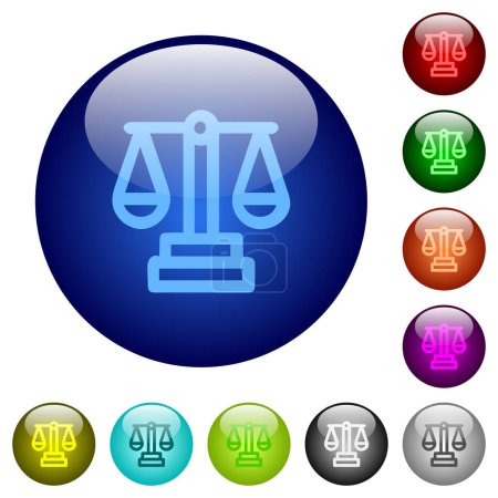 Justice scale outline icons on round glass buttons in multiple colors. Arranged layer structure