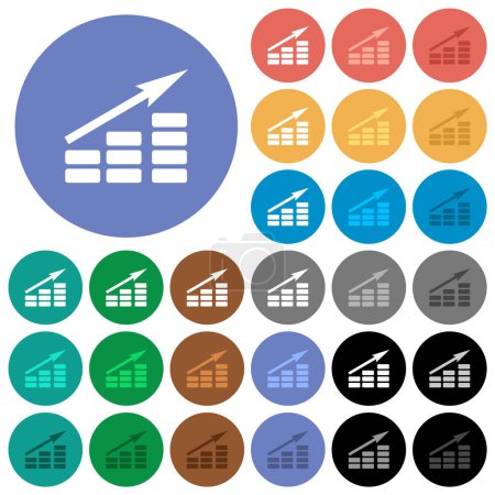 Gráfico de barras de cultivo sólido iconos planos multicolores sobre fondos redondos. Incluye variaciones de iconos blancos, claros y oscuros para efectos de flotación y estado activo, y tonos de bonificación.
