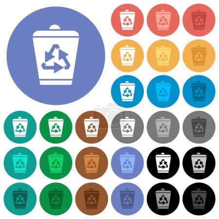 Recycle bin multi colored flat icons on round backgrounds. Included white, light and dark icon variations for hover and active status effects, and bonus shades.