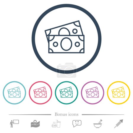 Banknotes outline flat color icons in round outlines. 6 bonus icons included.