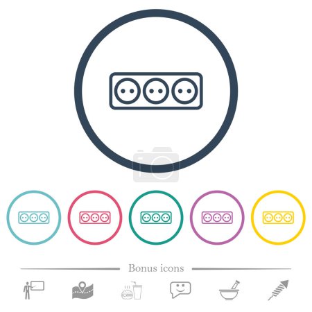 Toma de corriente eléctrica con tres tomas de corriente esbozan iconos de color plano en contornos redondos. 6 iconos de bonificación incluidos.
