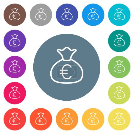 Money bag euro outline flat white icons on round color backgrounds. 17 background color variations are included.