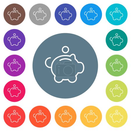 Illustration for Piggy bank with coin outline flat white icons on round color backgrounds. 17 background color variations are included. - Royalty Free Image