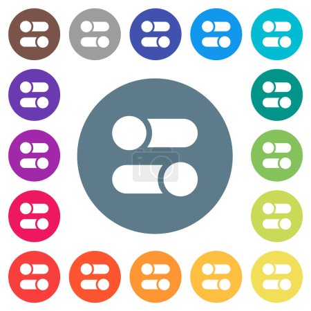 Horizontal toggle switches solid flat white icons on round color backgrounds. 17 background color variations are included.