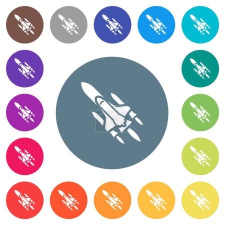 Space shuttle with launchers flat white icons on round color backgrounds. 17 background color variations are included.