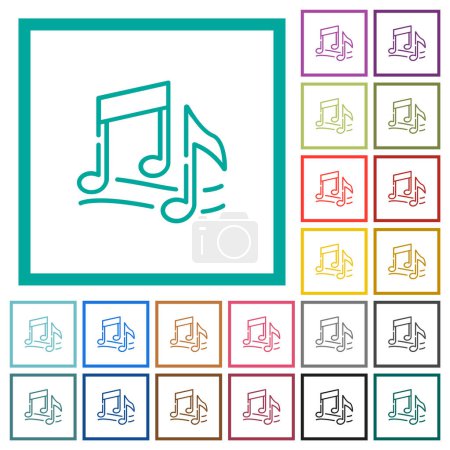 Téléchargez les illustrations : Notes de musique esquissent des icônes de couleur plate avec des cadres quadrants sur fond blanc - en licence libre de droit
