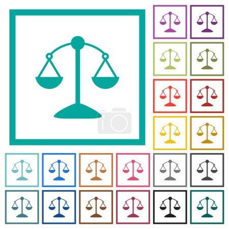 Skalen der Gerechtigkeit flache Farbsymbole mit Quadrantenrahmen auf weißem Hintergrund