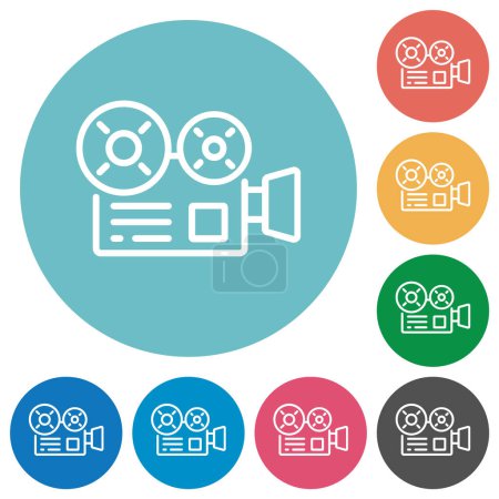 Movie camera outline flat white icons on round color backgrounds