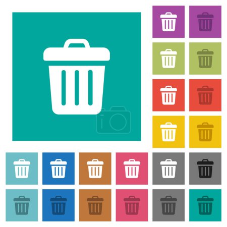 Trash solid multi colored flat icons on plain square backgrounds. Included white and darker icon variations for hover or active effects.