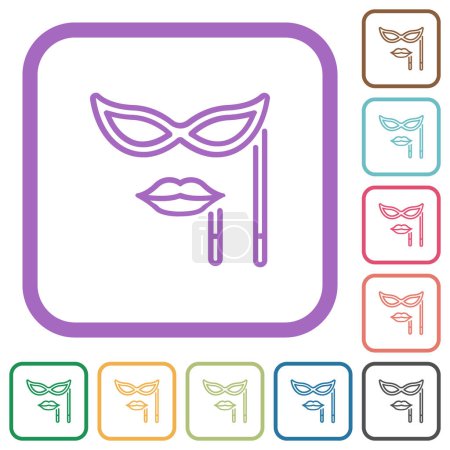 Masque de mascarade femme avec contour bâton icônes simples dans des cadres carrés arrondis de couleur sur fond blanc
