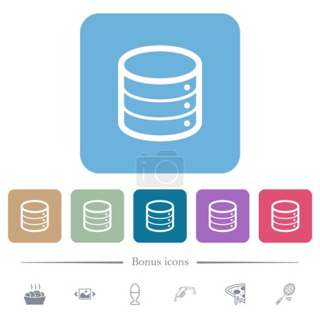 Database outline white flat icons on color rounded square backgrounds. 6 bonus icons included