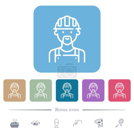 Worker avatar outline white flat icons on color rounded square backgrounds. 6 bonus icons included