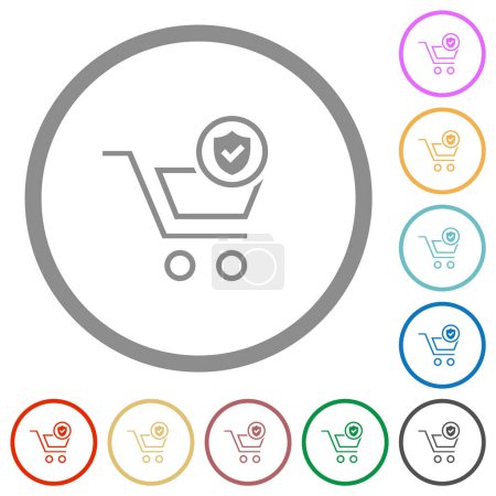 Protected shopping flat color icons in round outlines on white background