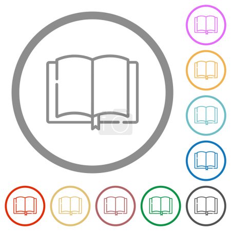 Open book outline flat color icons in round outlines on white background