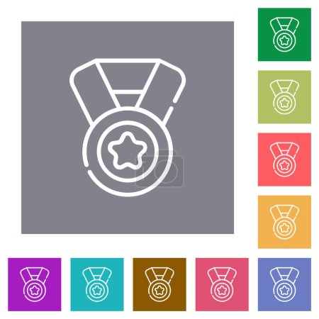 Ilustración de Medalla con iconos planos de contorno de estrella y cinta sobre fondos cuadrados de color simple - Imagen libre de derechos