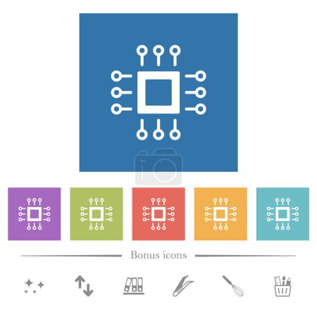 Illustration for Microchip outline flat white icons in square backgrounds. 6 bonus icons included. - Royalty Free Image
