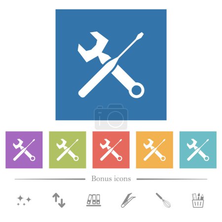 Wrench and screwdriver flat white icons in square backgrounds. 6 bonus icons included.