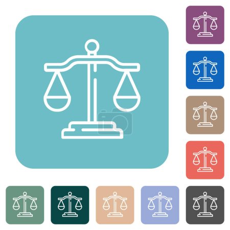 Escalas de justicia esbozan iconos blancos planos en fondos cuadrados redondeados de color