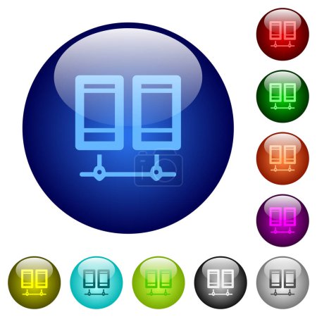 Los servidores de red esbozan iconos en botones de vidrio redondos en múltiples colores. Estructura de capas dispuestas