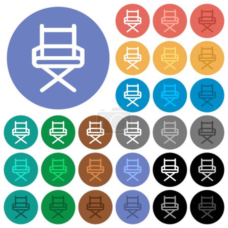 Director chair outline multi colored flat icons on round backgrounds. Included white, light and dark icon variations for hover and active status effects, and bonus shades.