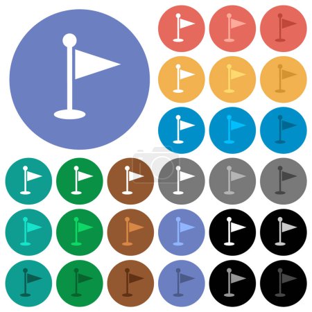 Golf flag solid multi colored flat icons on round backgrounds. Included white, light and dark icon variations for hover and active status effects, and bonus shades.