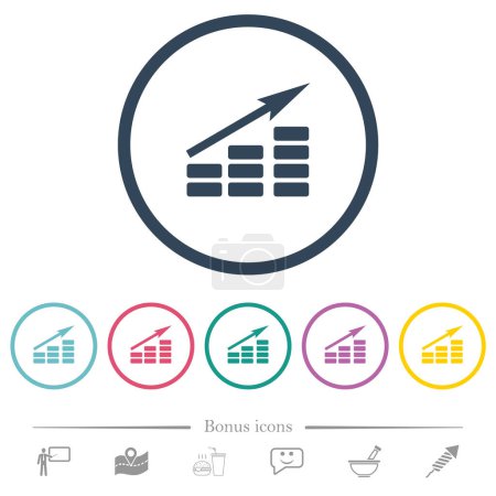 Illustration for Growing bar graph solid flat color icons in round outlines. 6 bonus icons included. - Royalty Free Image
