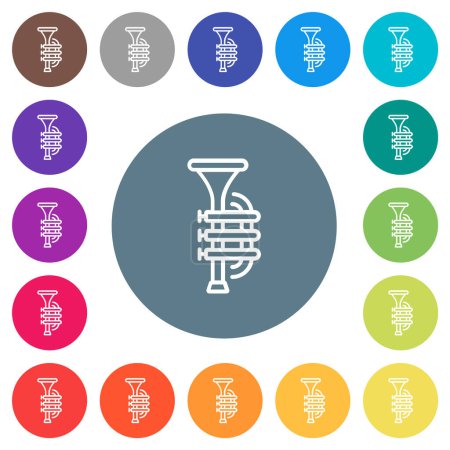 Trumpet outline flat white icons on round color backgrounds. 17 background color variations are included.