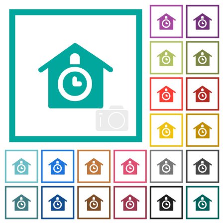 Illustration for Cuckoo clock solid flat color icons with quadrant frames on white background - Royalty Free Image