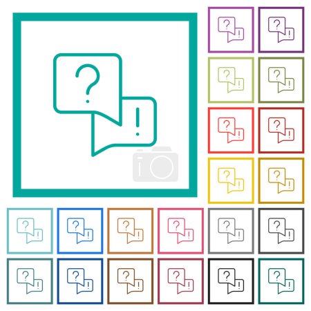 Questions fréquemment posées esquissent des icônes de couleur plate avec des cadres quadrants sur fond blanc