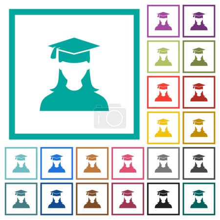 Téléchargez les illustrations : Avatar féminin diplômé icônes de couleur plate avec cadres quadrants sur fond blanc - en licence libre de droit