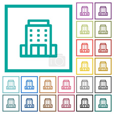 Téléchargez les illustrations : Immeuble de bureaux contour des icônes plates de couleur avec cadres quadrants sur fond blanc - en licence libre de droit